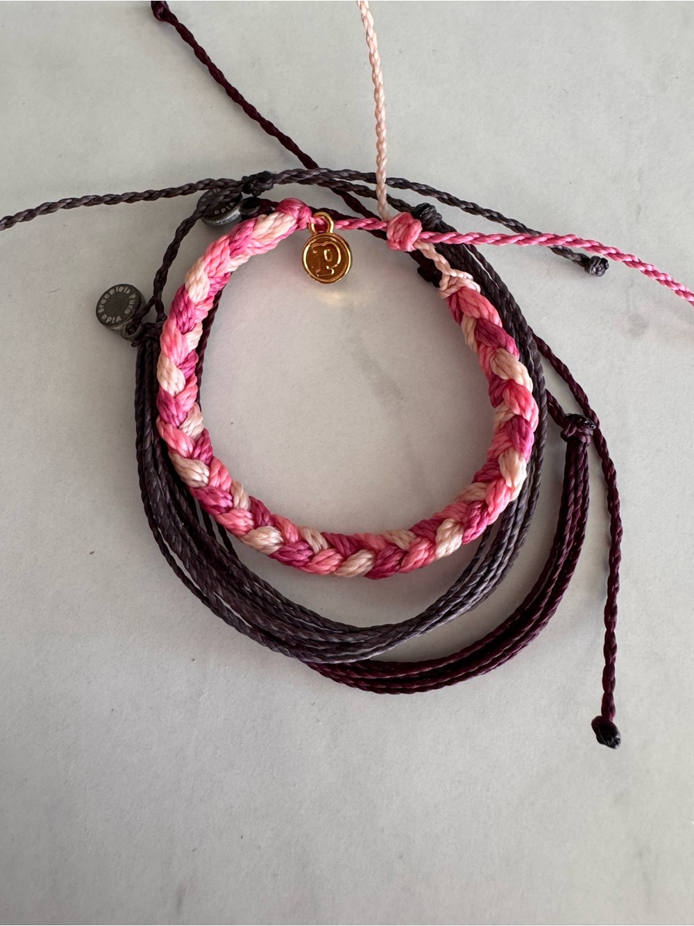 Pura Vida Pink & Black Braided Cord Bracelet Adjustable Tie Closure Set 3 pack